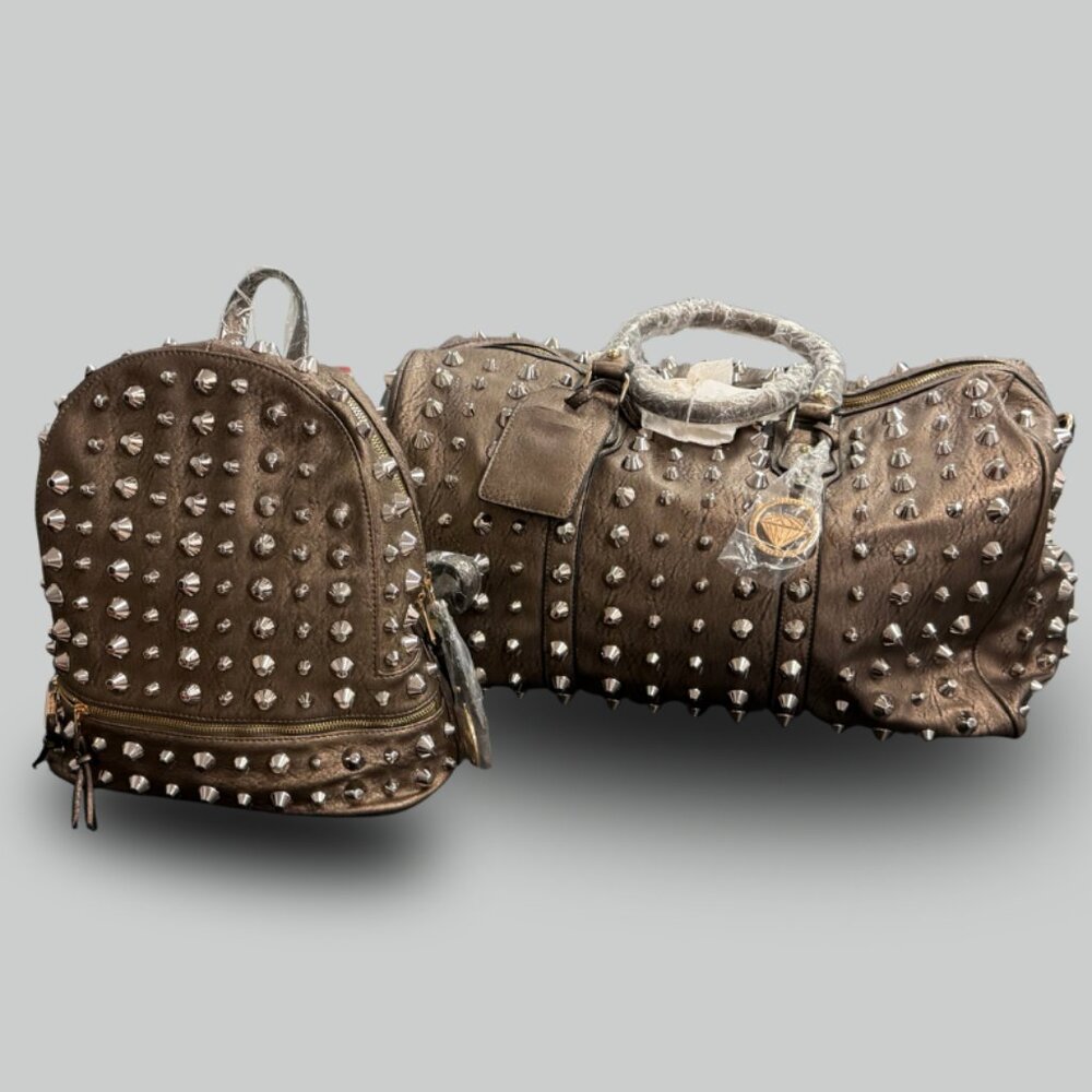 Tracey Lynn Studded Carry-On Bag & Backpack Set | Brown | Excellent